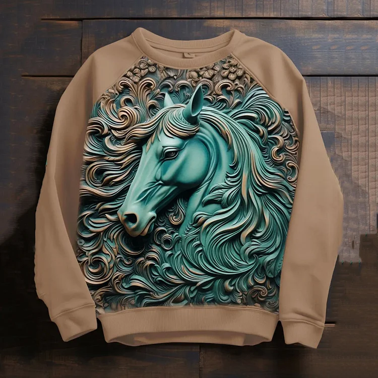 Comstylish Western Horse Print Round Neck Casual Sweatshirt