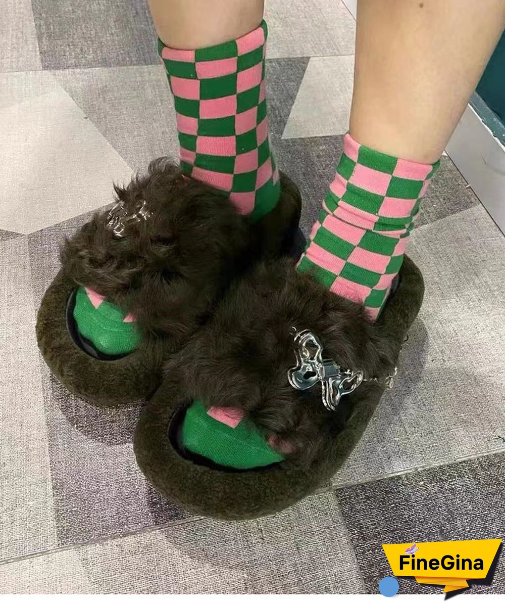 Women's Casual Solid Color Butterfly Open Toe Flat Sole Plush Slippers