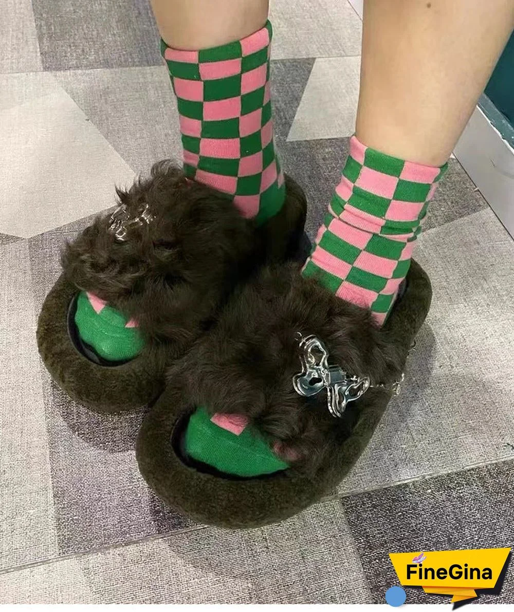 Women's Casual Solid Color Butterfly Open Toe Flat Sole Plush Slippers