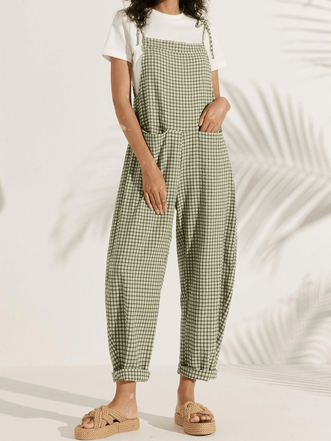 Women's Retro Classic Plaid Square Neck Multi-Pocket Jumpsuit