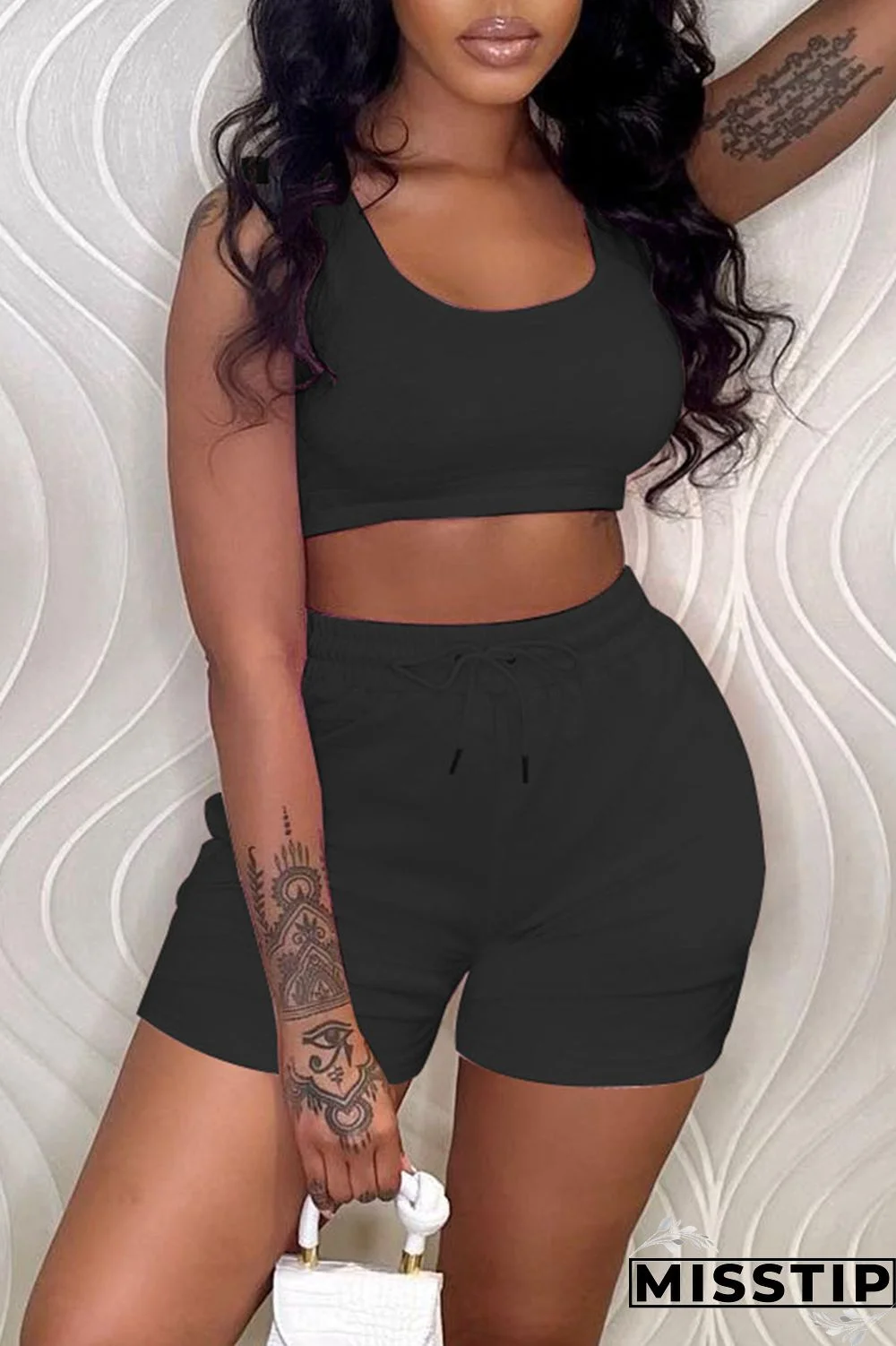 Black Sportswear Solid Patchwork U Neck Sleeveless Two Pieces