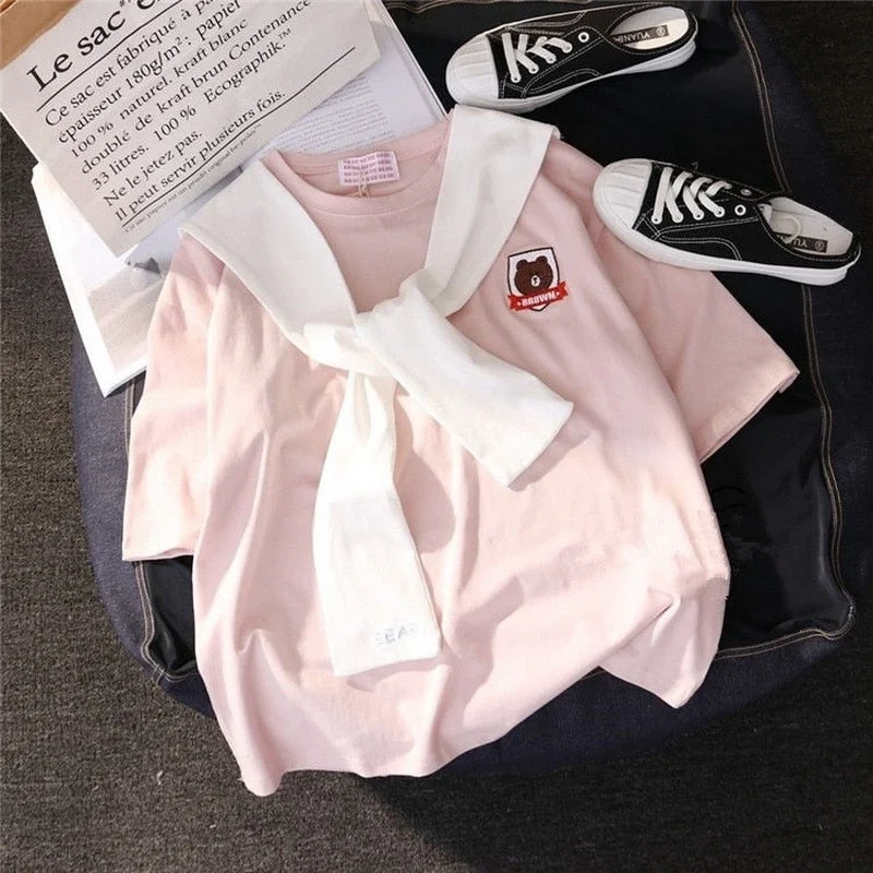 harajuku short-sleeve embroidery women clothes Korean tops t-shirt new summer bf sailor collar student oversized sweet t shirt