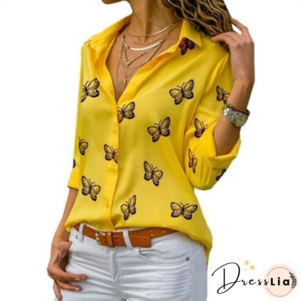 Flutter Print Womens Blouses Long-Sleeve Turn-Down Collar Blouse Shirt Casual Tops Elegant