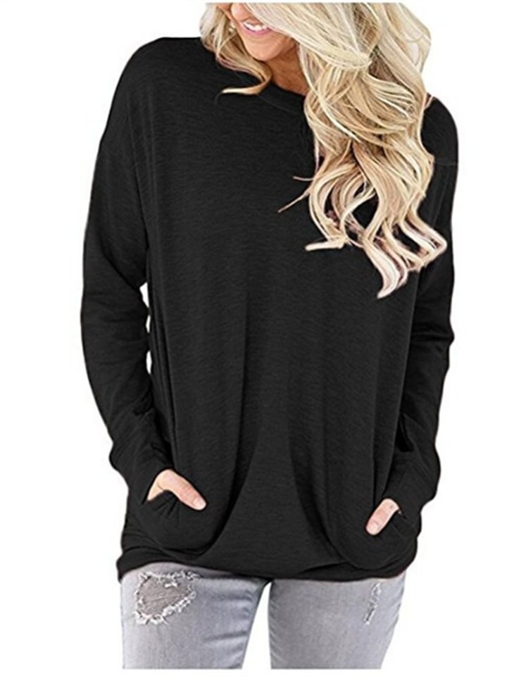 Round Neck Long Sleeve Pocket Solid Color Loose Long Sleeve T-shirt -vasmok