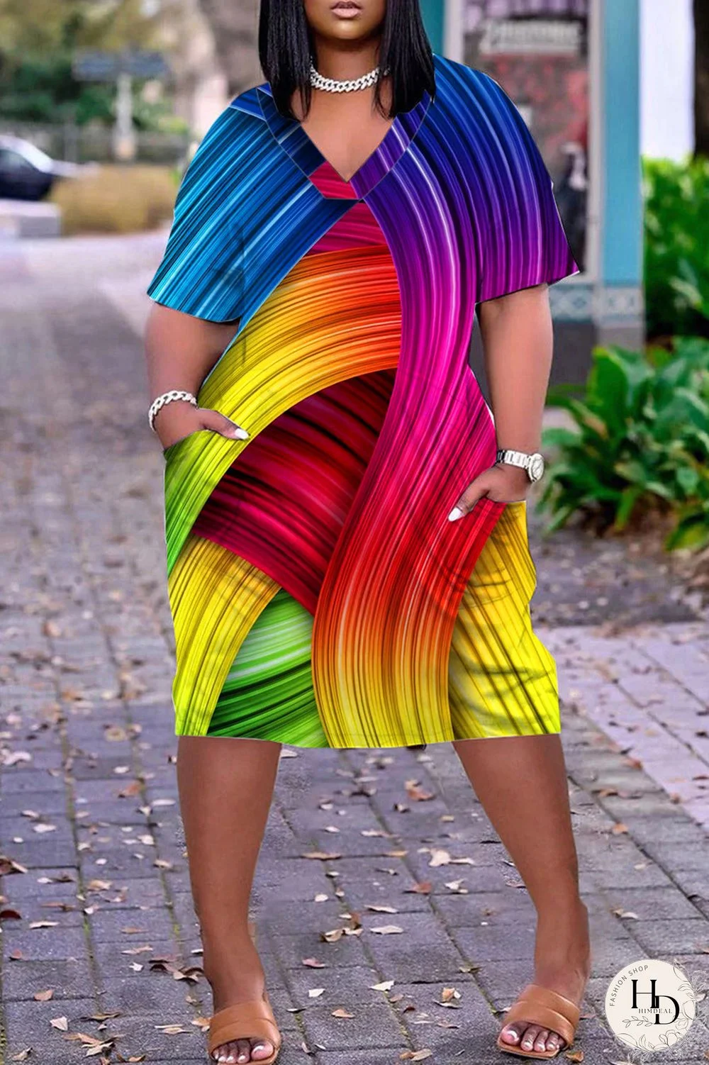 Blue Casual Print Basic V Neck Short Sleeve Dress Dresses