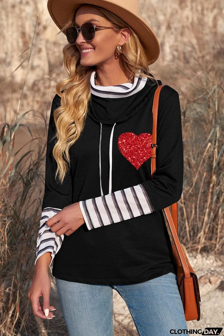 Striped Sequin Heart Graphic Long Sleeve Top