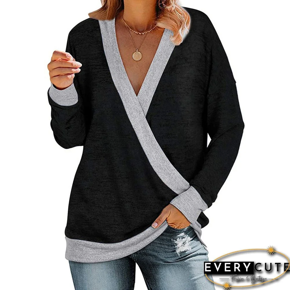 Black Splice Gray V Neck Long Sleeve Tops