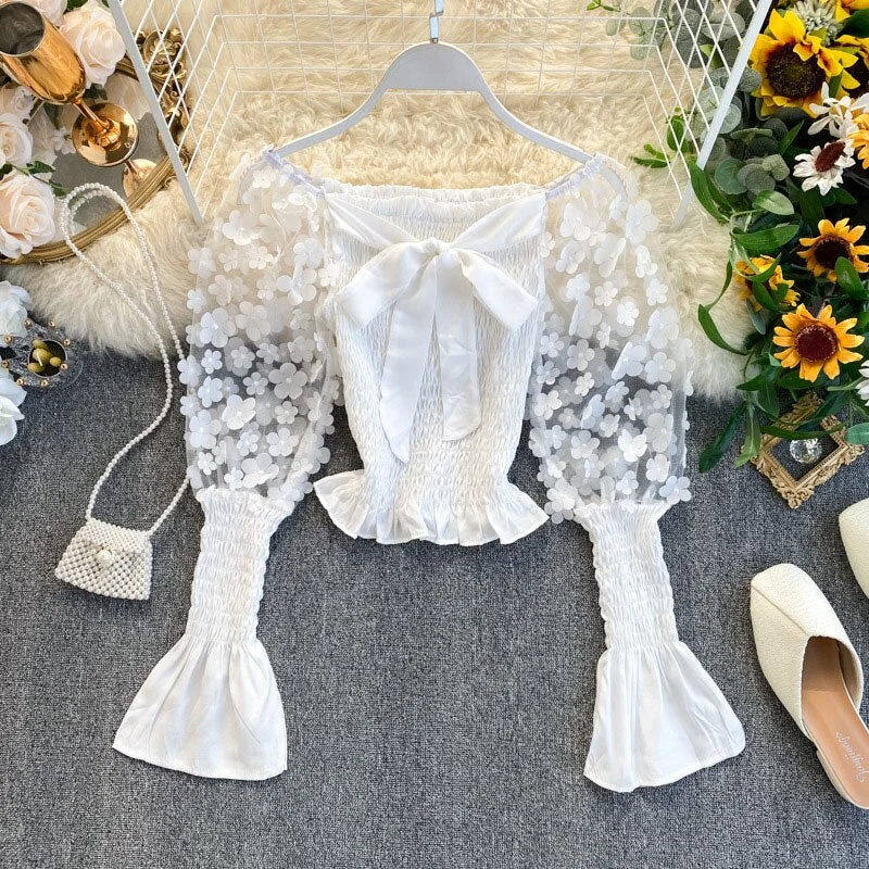 Elegant Spring Summer Women Short Shirt Sweet 3D Flower Appliques Mesh Crop Tops Slash Neck Puff Long Sleeve Ladies Blouse