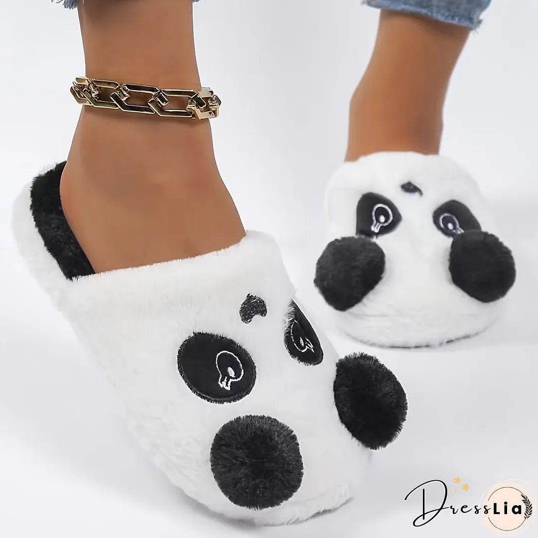 Cute Cartoon Panda Fluffy Home Slippers, Soft Sole Closed Toe Plush Lined Shoes, Non-slip Bedroom Mute Slippers, Winter & Autumn