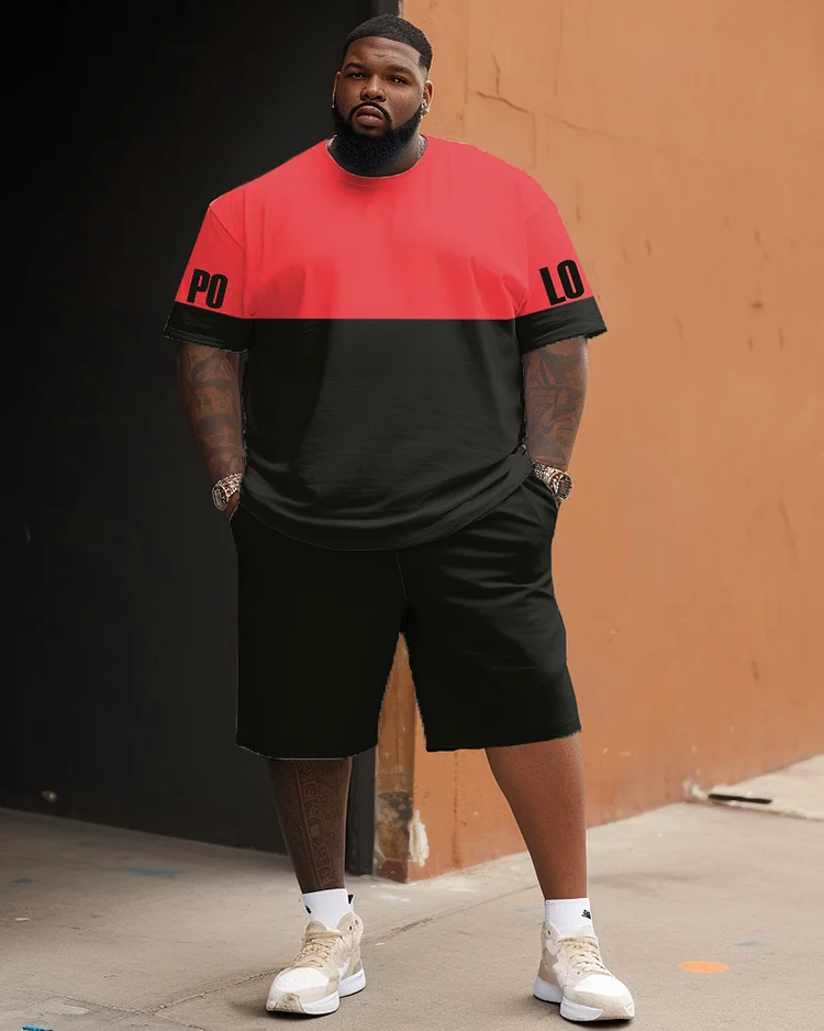 Men's Large Size Street Cartoon Color Block Letter Graffiti Short Sleeve Shorts Suit