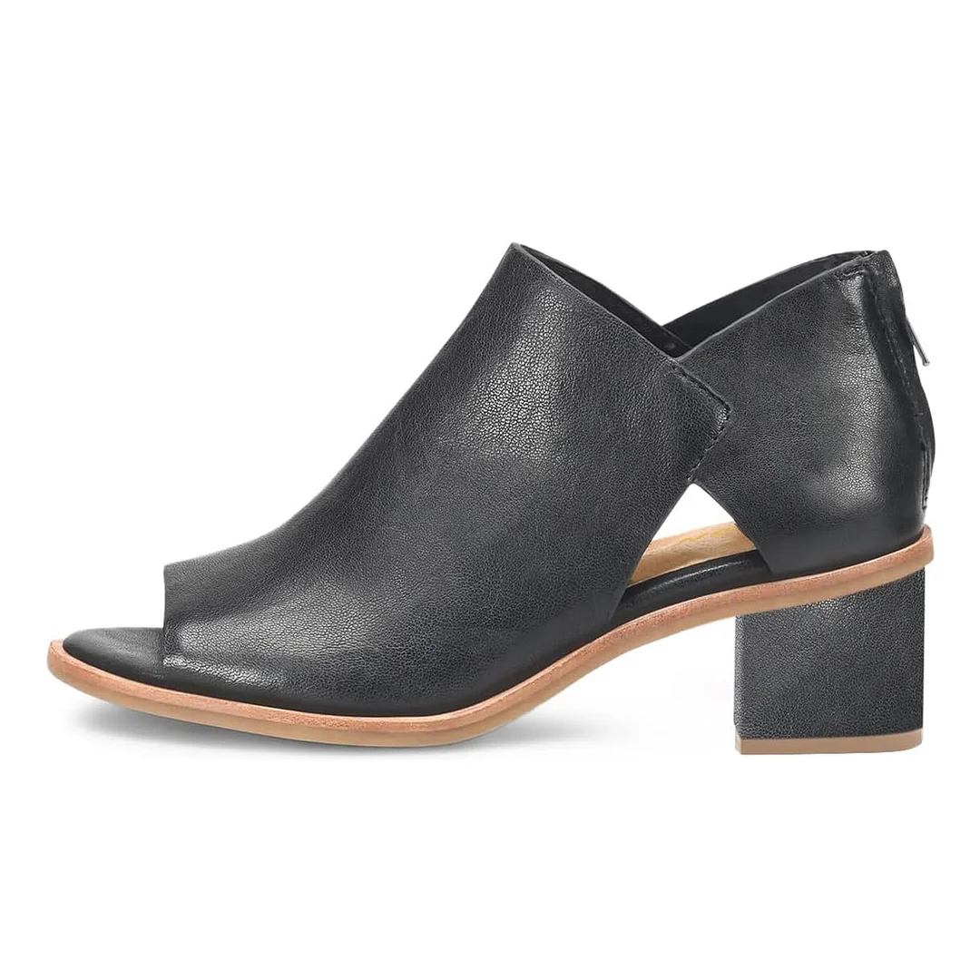 Vegan Leather Cut-Out Inlay Back-Zip Block Heel Ankle Boots in Black