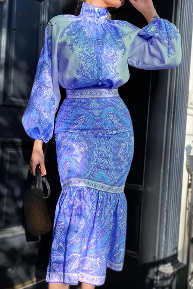Ingvn - Street Print Patchwork Half A Turtleneck Long Sleeve Two Pieces Blue / S Pieces/Two-Piece