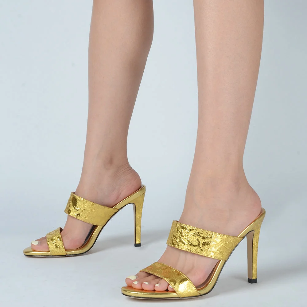 Gold Cattle-hide Heeled Mules 4-inch Stylish Round Toe Sandals