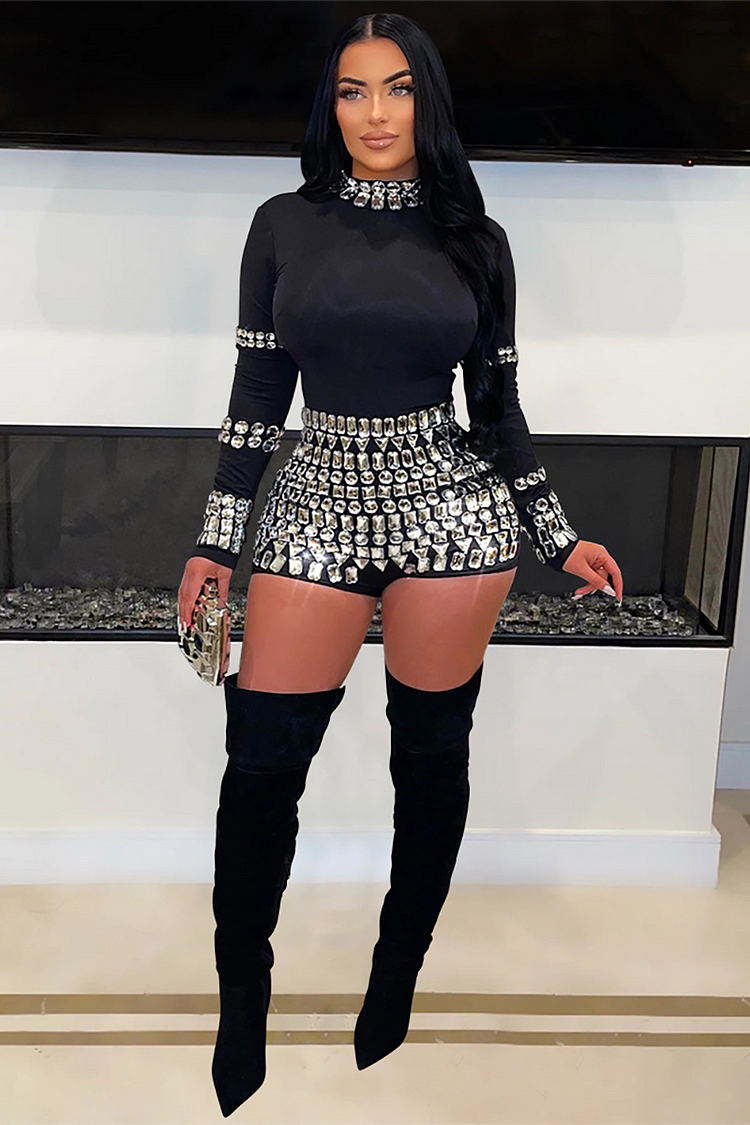 Rhinestone Decor Stand Collar Long Sleeve Slim Fit Party Playsuit Romper-Black