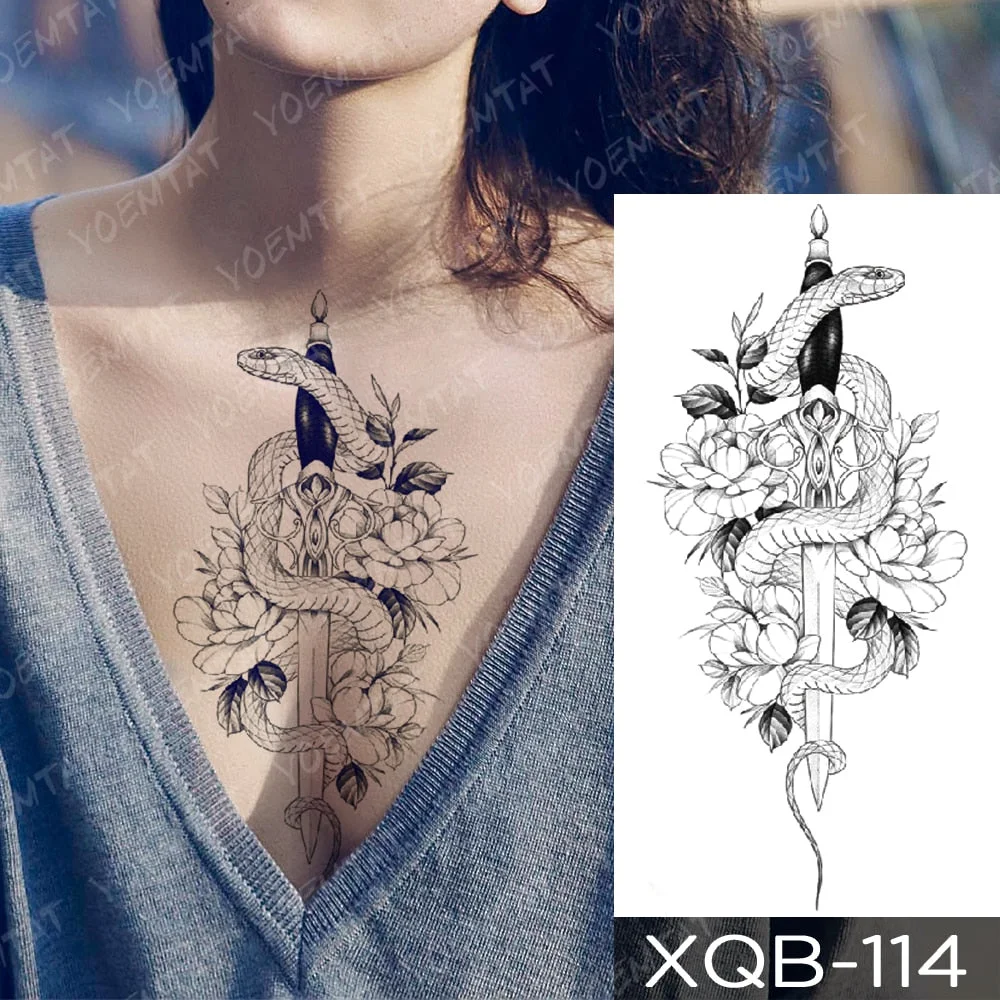 Waterproof Temporary Tattoo Sticker Line Rose Peony Snake Flash Tattoos Simple Flowers Body Art Arm Fake Sleeve Tatoo Women