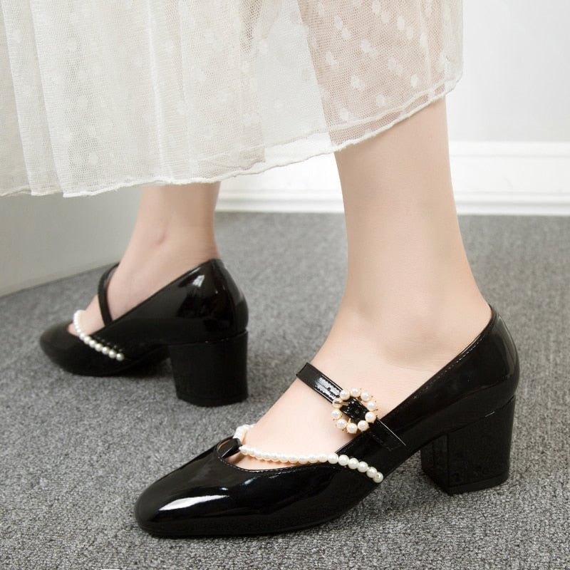 Elegant Thick Heels Mary Jane Shoes For Women 2022 Spring Patent Leather Pumps Pearl Ankle Strap Party Dress Shoes Woman