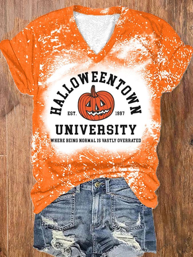 Women's Halloween Print Short Sleeve V-Neck T-Shirt