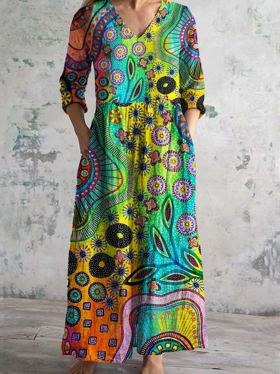 Women's V-Neck Vintage Art Irregular Pattern Cotton Linen Dress