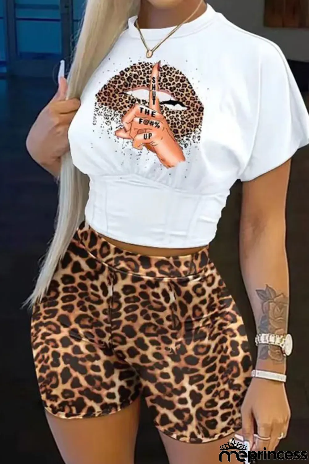 Deep Blue Casual Print Patchwork O Neck Short Sleeve Two Pieces