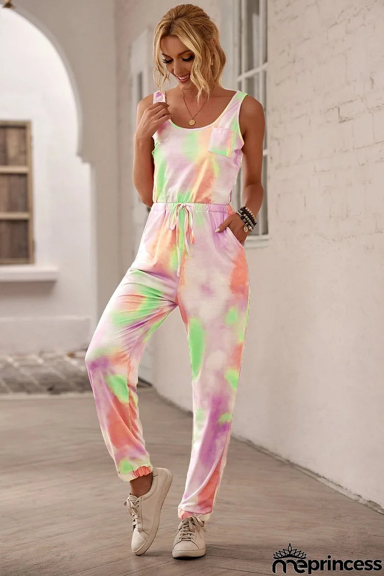 Multicolor Tie Dye Drawstring Sleeveless Jogging Jumpsuit