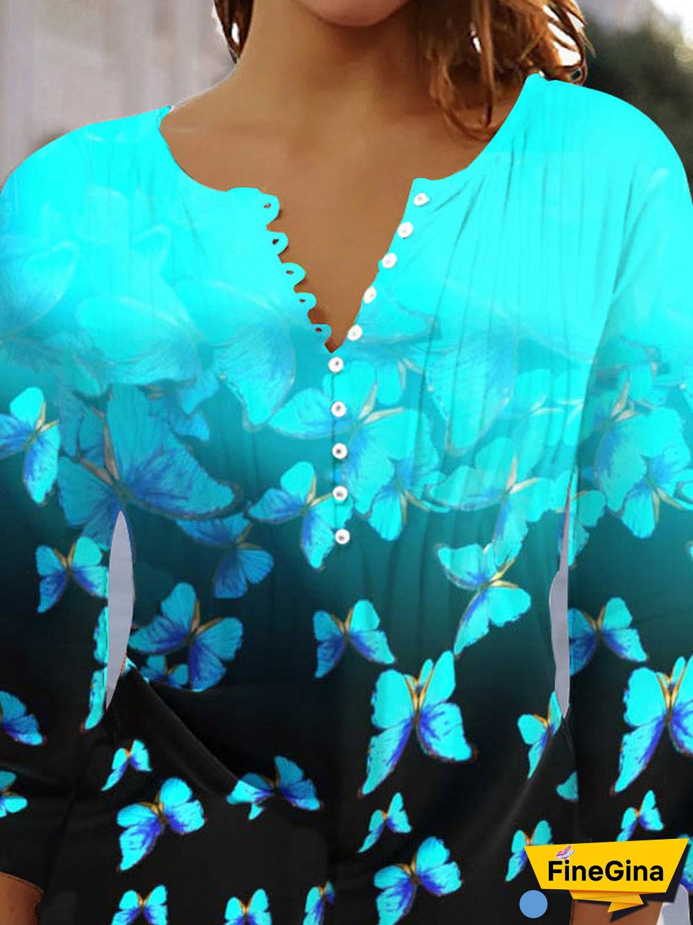 Women's Colorblock Butterflies Printed 3/4 Sleeve V-neck Top