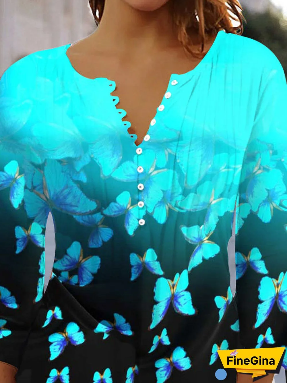 Women's Colorblock Butterflies Printed 3/4 Sleeve V-neck Top