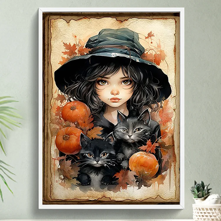 11CT Full Stamped Cross Stitch - Witch Black Cat (60*70CM)