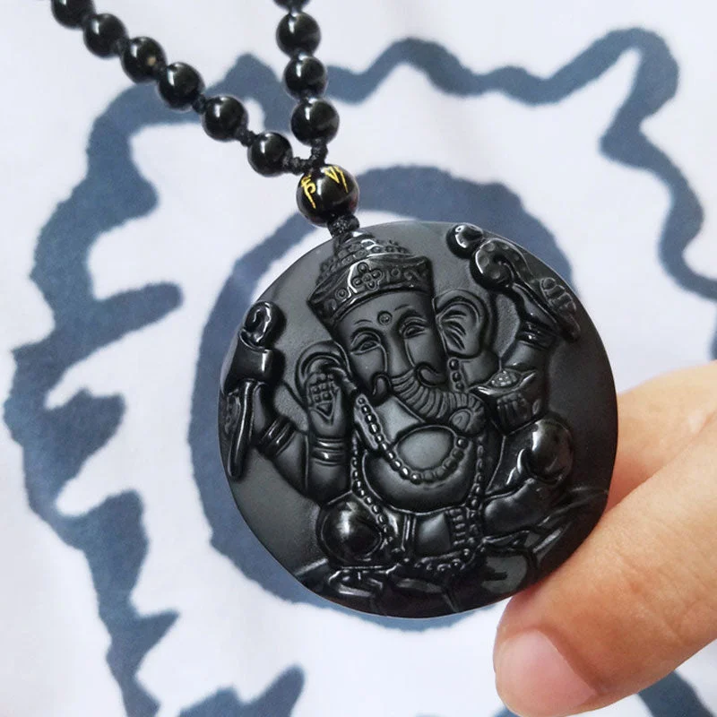 Black Obsidian Ganesh Ganpati Elephant Protection Pendant Necklace