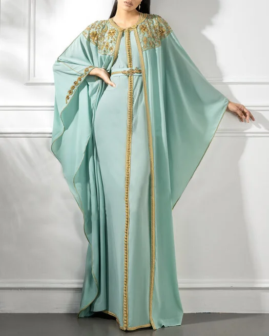beaded panel embroidered chiffon kaftan dress