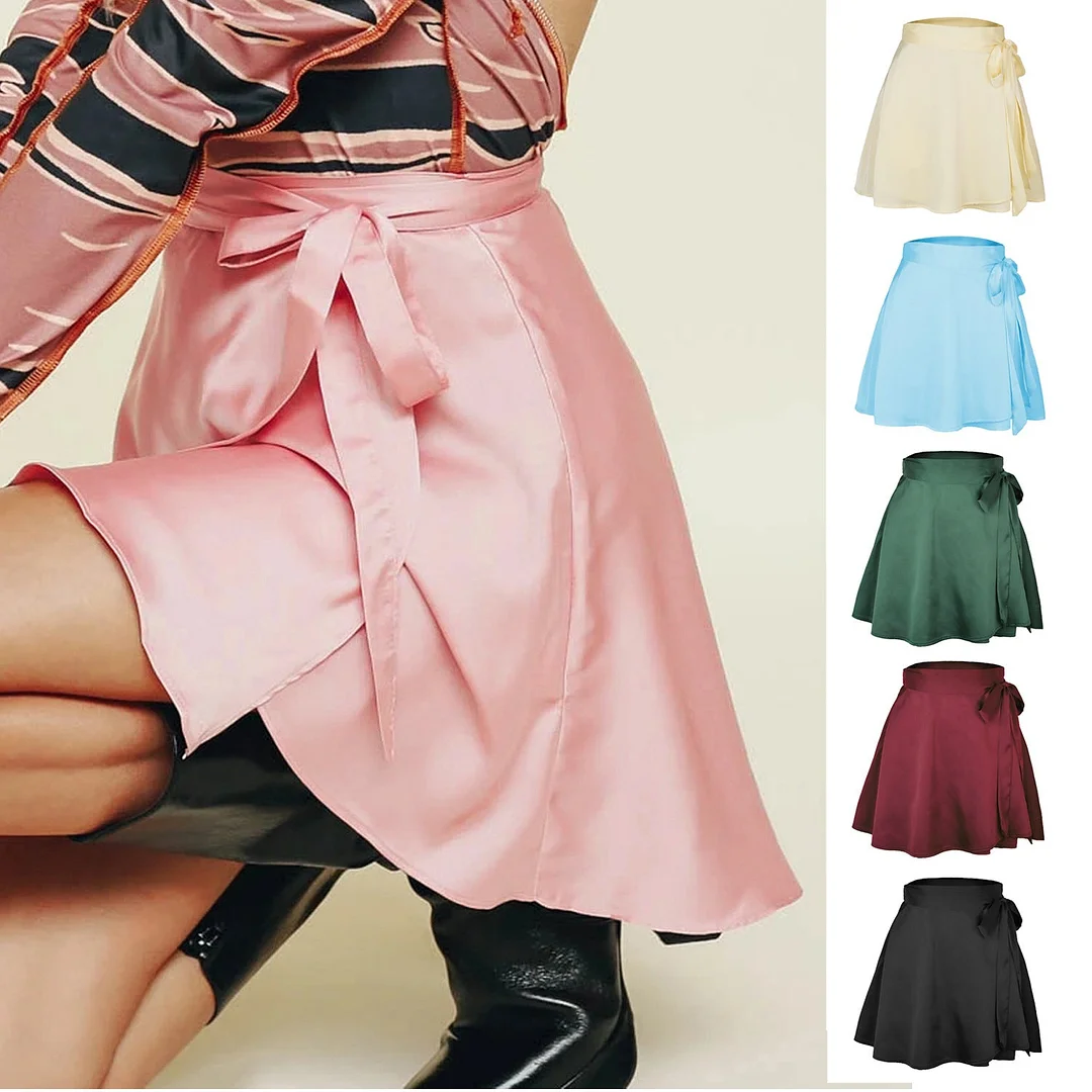 Uveng Solid High Waist Sweet Fashion Lace-up Chiffon Satin Wrap Skirt