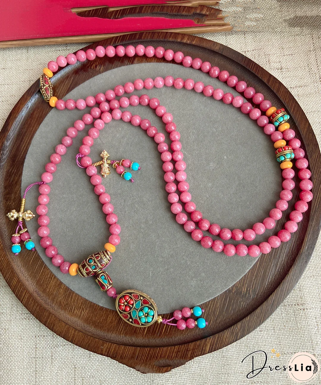 Loose Pink Gem Stone Cloisonne Enamel Beading Tassel Pendant Necklace