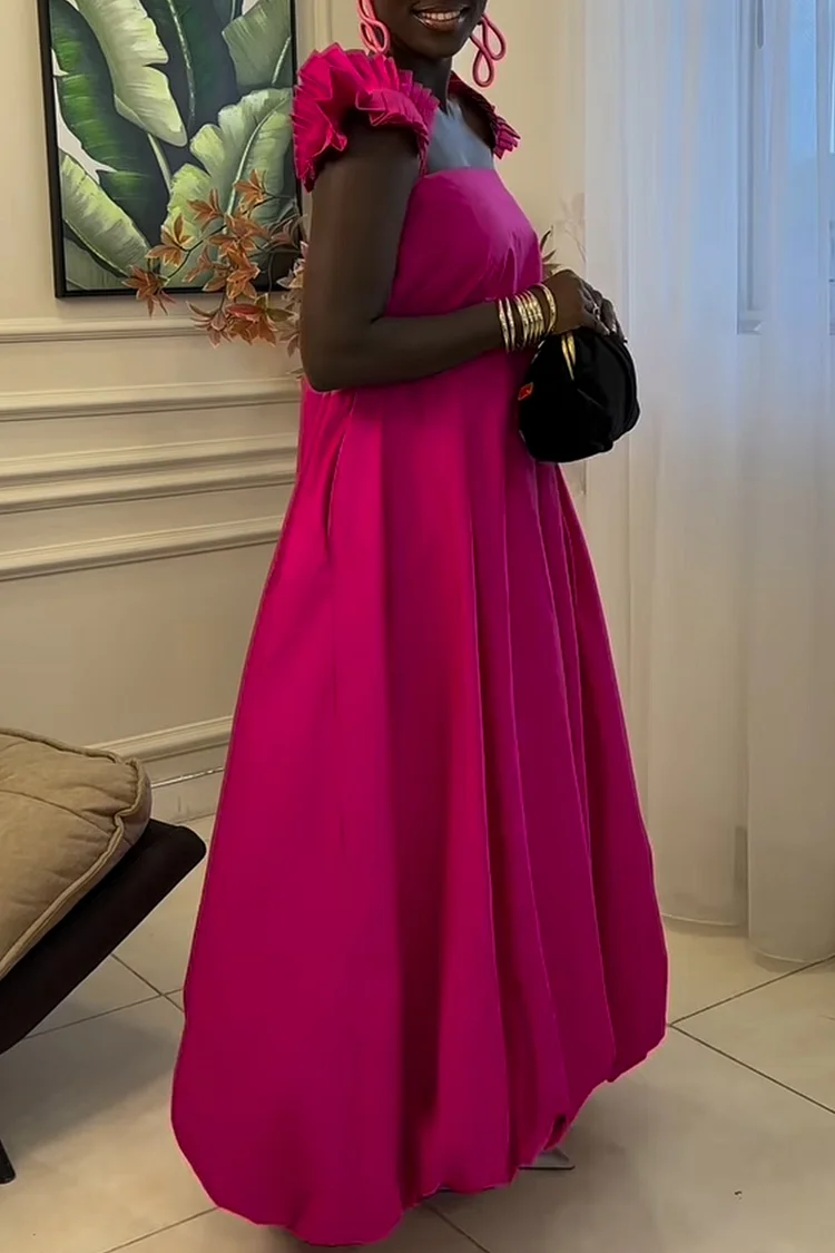 Plus Size Vacation Hot Pink Square Neck Sundress Pocket Maxi Dresses