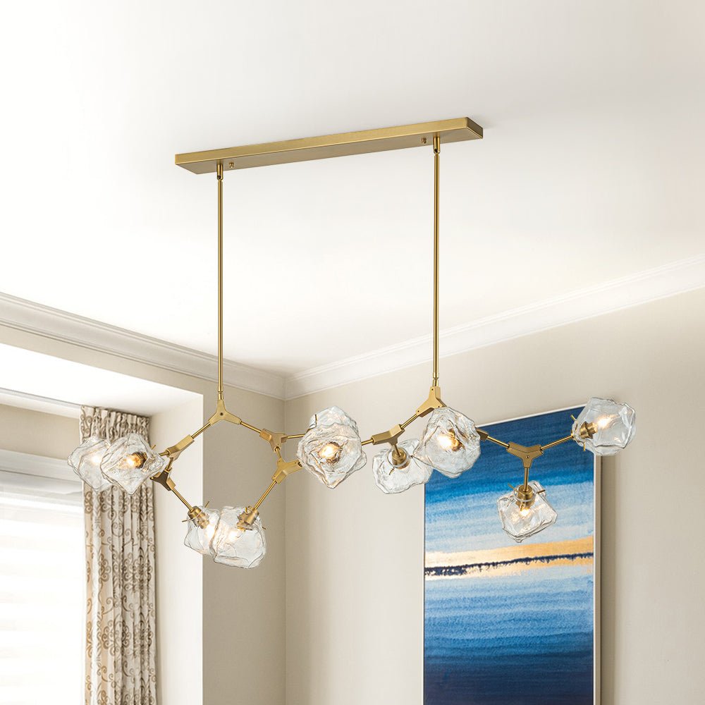 Brass 10-Light Branch Frozen Glass Ice Style Island Pendant