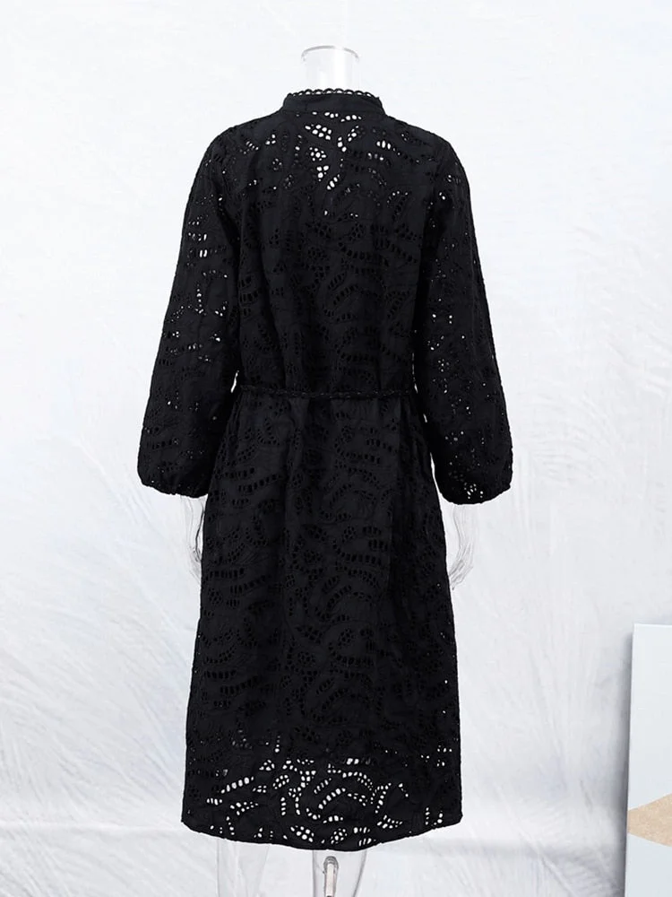 Huibahe Cotton Embroidery Hollow Out Women's Midi Dress Loose V-neck Lantern Sleeved Lace Up Robe 2023 Summer Lady Elegant Vestidos