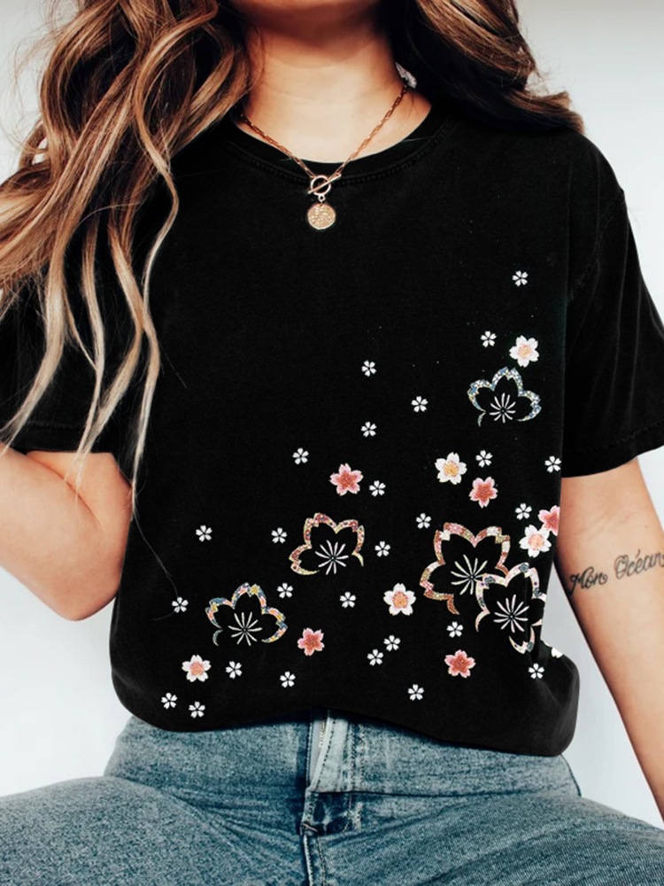 Comstylish Vintage Cherry Blossoms Japanese Art Round Neck Casual T-Shirt
