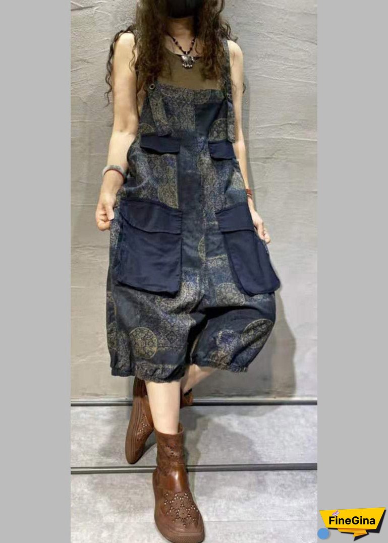 Plus Size Blue Print Oversized Pockets Patchwork Cotton Denim Jumpsuit Summer