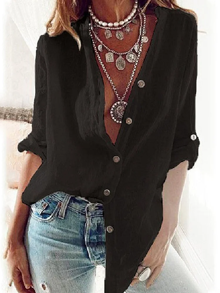 Casual Plain Long Sleeve Button Down Loose Blouse
