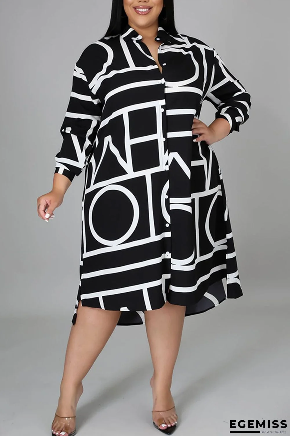 Black Casual Print Patchwork Turndown Collar Shirt Dress Plus Size Dresses | EGEMISS