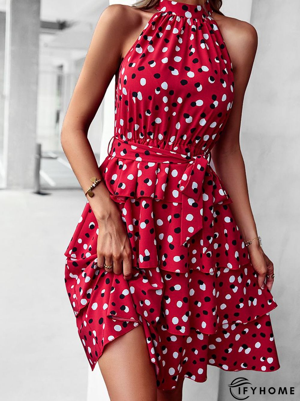 Temperament Casual Polka Dot Cake Dresses Women Summer Halter Neck Sleeveless Lace Up All Match A Line Dress | IFYHOME
