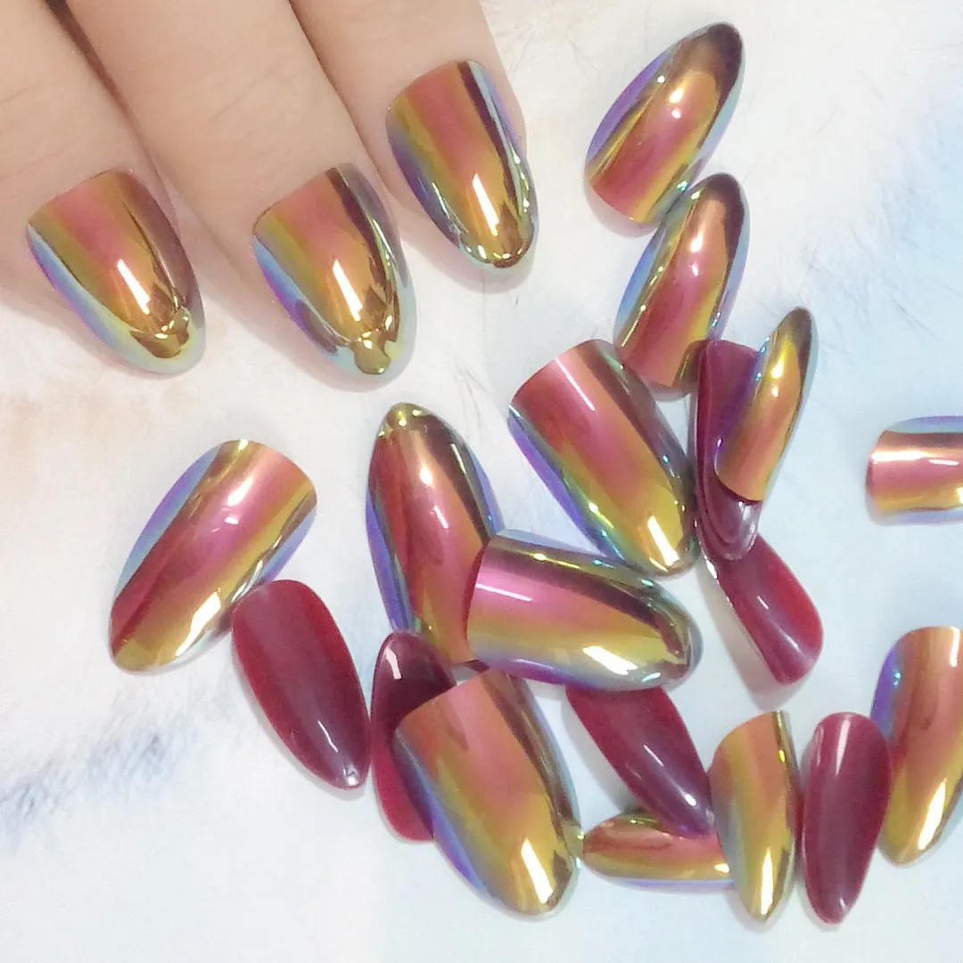 24Pcs Wine Red Artificial False Nails Blooming Gradient Short Stiletto Fake Nails With Design Glitter Gold DIY Manicure Tools-Nail Inspo