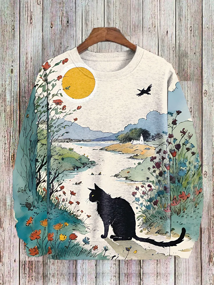 Men's Black Cat Flowers Art Print Casual Sweatshirt