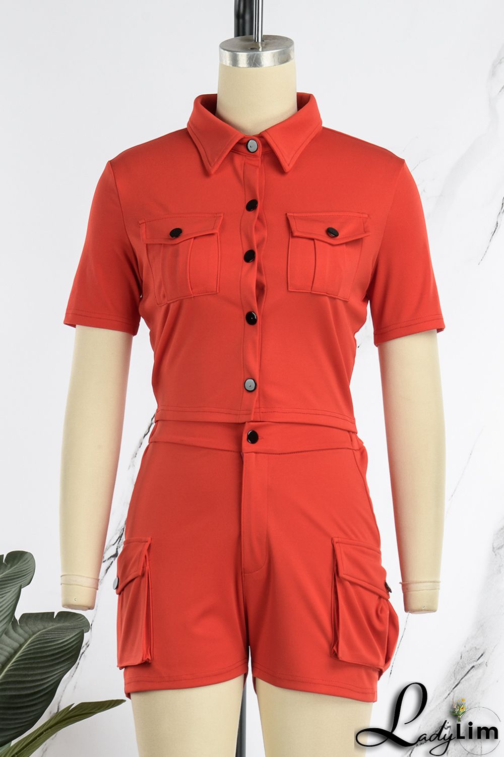 Red Casual Solid Patchwork Turndown Collar Short Sleeve Two Pieces