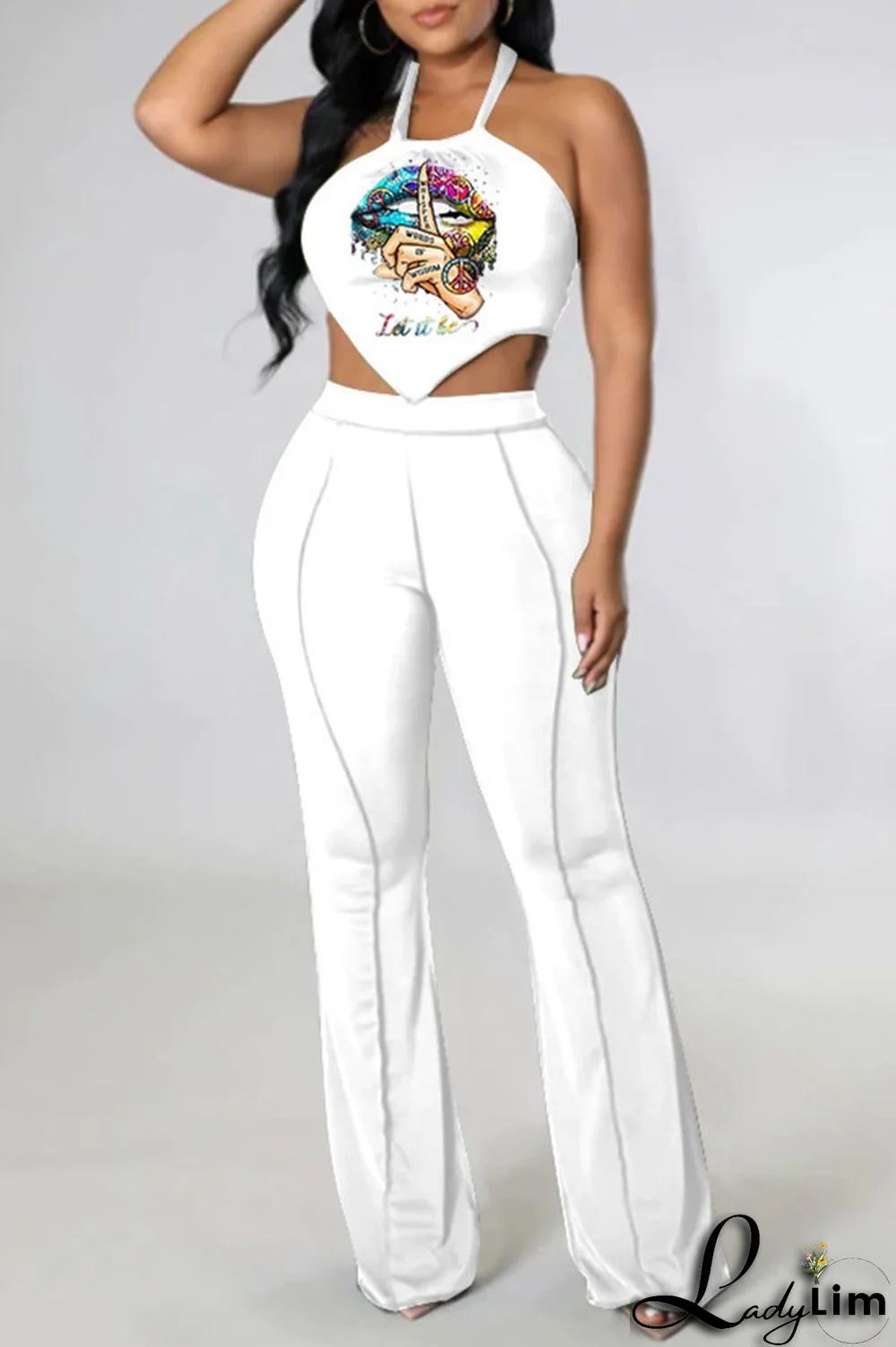 White Sexy Lips Printed Backless Asymmetrical Halter Sleeveless Two Pieces