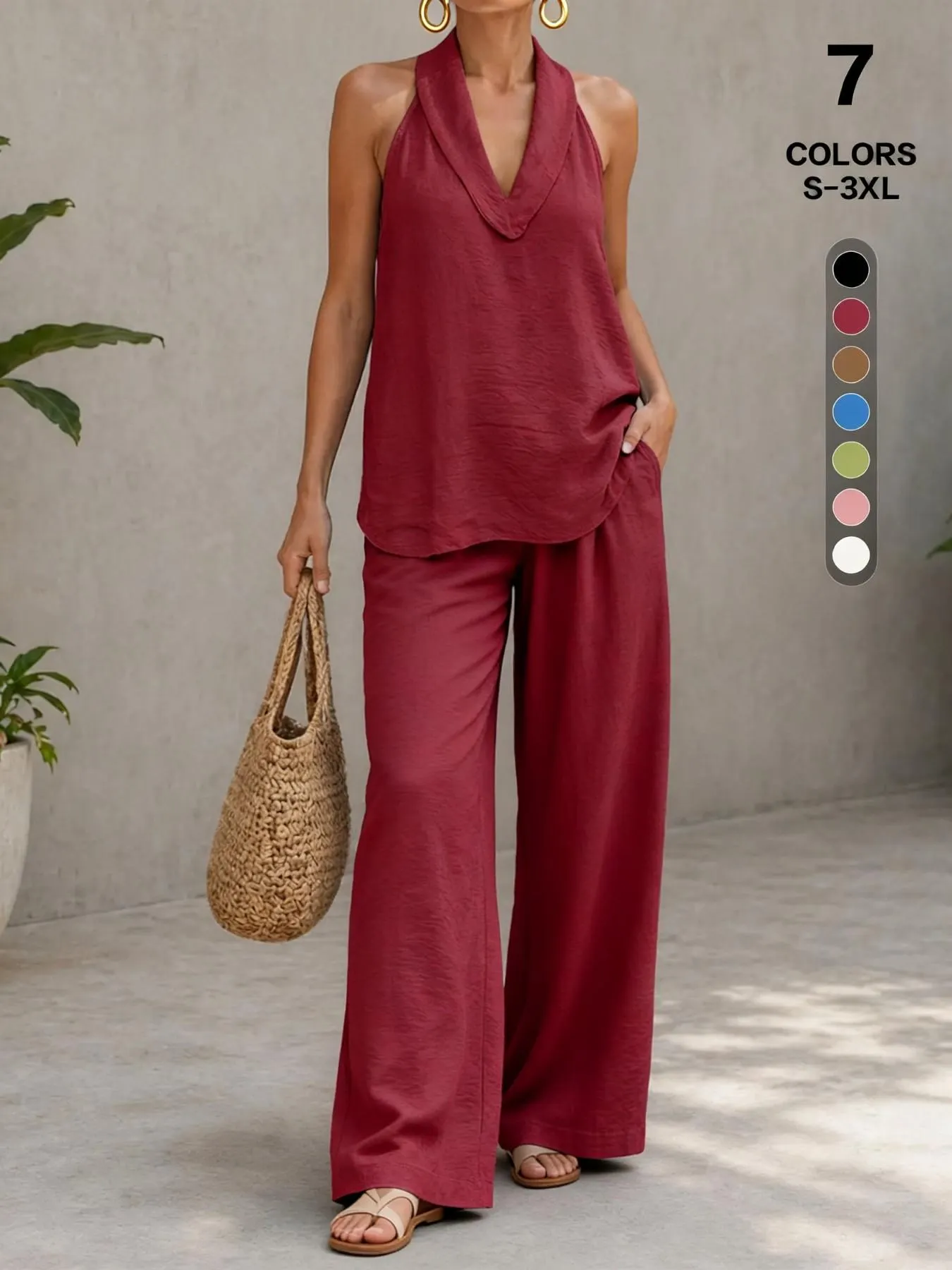 Comfy Chic Women's Summer Faux Linen Halter  V-Neck Top & High Waist Wide Leg Pants Set - Breathable Everyday Urban Lounge Wear for Going Out