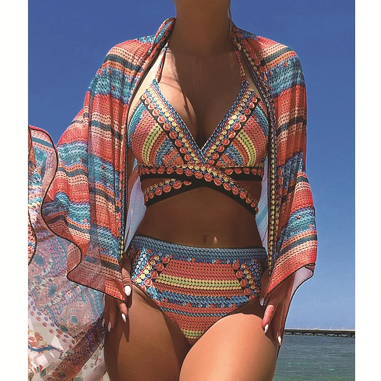 Retro Ethnic Style Bikini Three Piece Set
