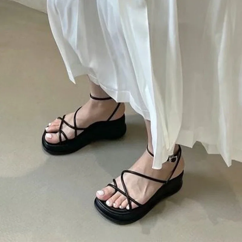 Qengg Sandals Women Summer 2022 Square Toe Pu Leather Platform Wedges Ladies Shoes Causal Rome Gladiator Female Sandal Woman Sandals