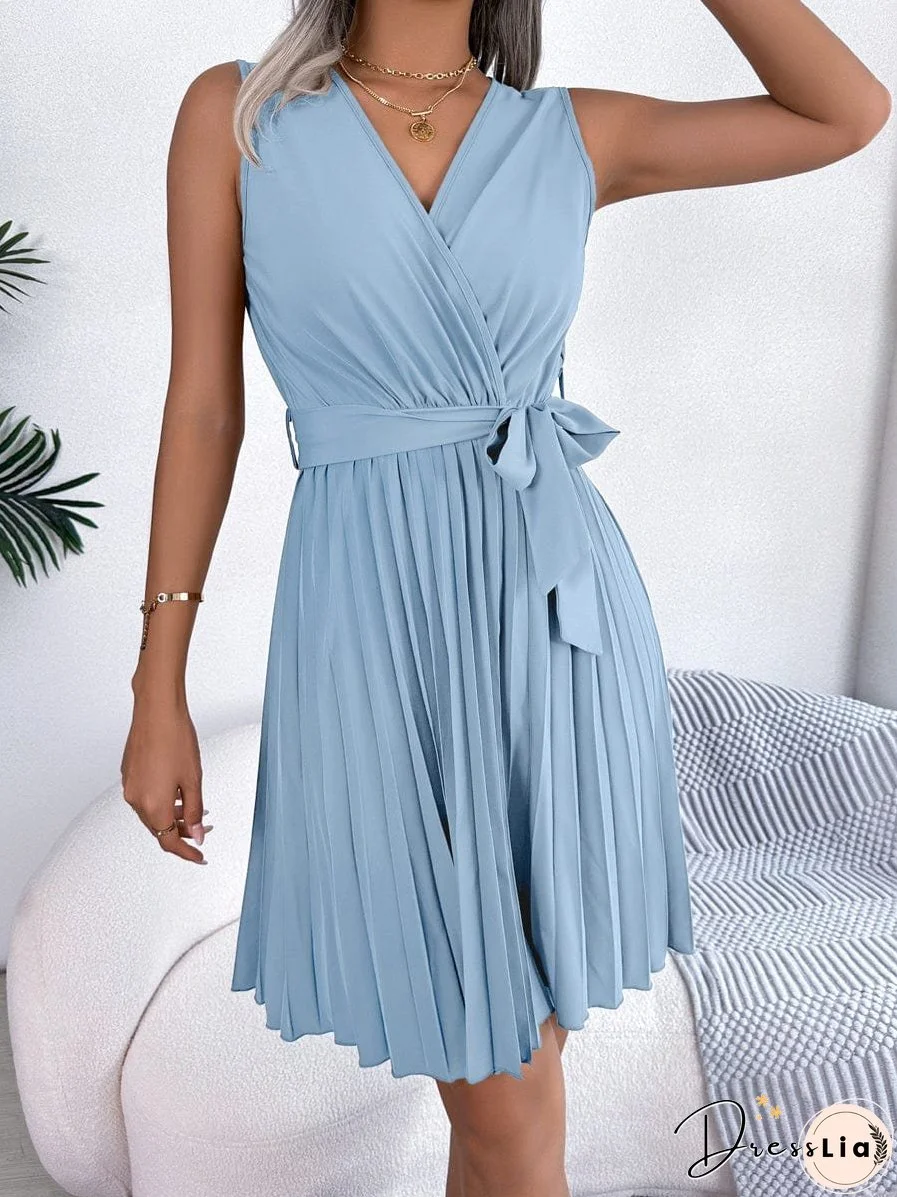 Elegant Cross V-Neck Sleeveless Pleated Waist Mini Dress