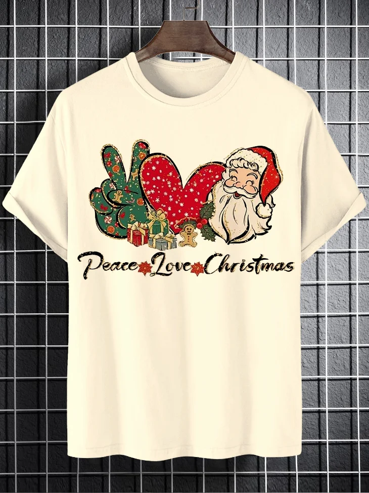 Men's Santa Claus Peace Love Christmas Print Casual T-Shirt
