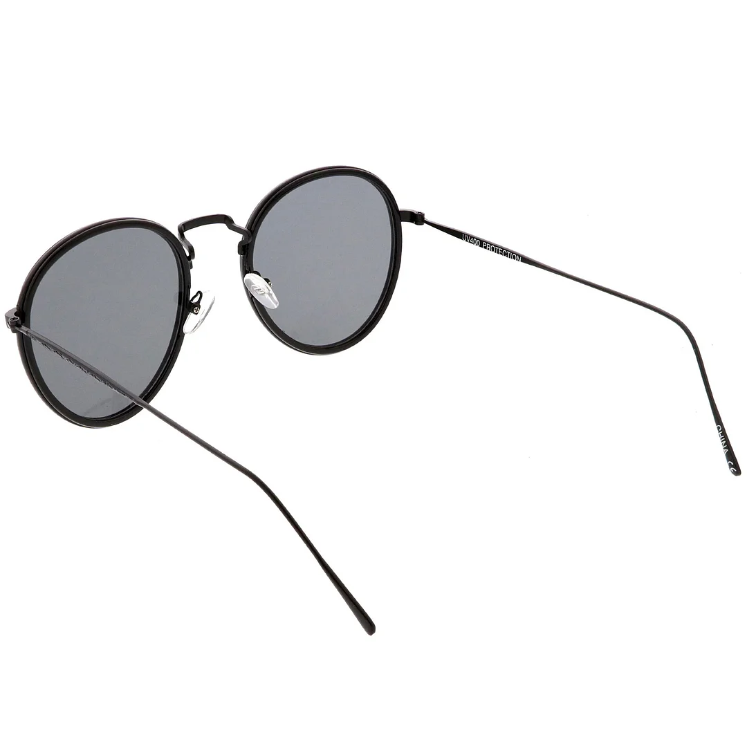 Modern Round glasses Engraved Slim Metal Arms Neutral Color Flat Lens