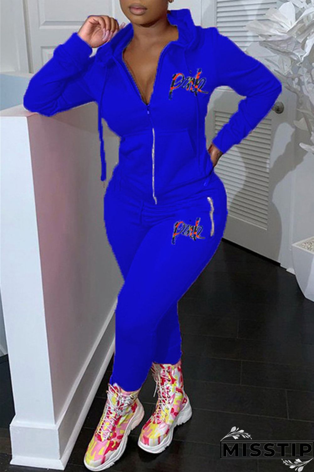 Purplish Red Fashion Casual Letter Print Patchwork Hooded Collar Long Sleeve Two Pieces